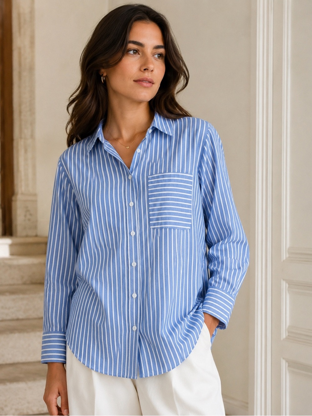 Striped Light Blue Button-Down Shirt with Contrast Pocket - Women's Top